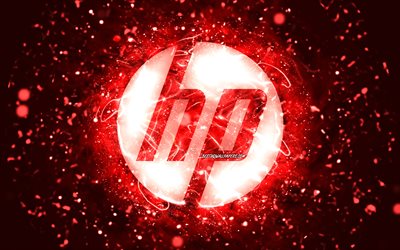 HP: n punainen logo, 4k, punaiset neonvalot, luova, Hewlett-Packard-logo, punainen abstrakti tausta, HP-logo, Hewlett-Packard, HP
