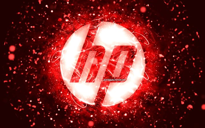 HP red logo, 4k, red neon lights, creative, Hewlett-Packard logo, red abstract background, HP logo, Hewlett-Packard, HP