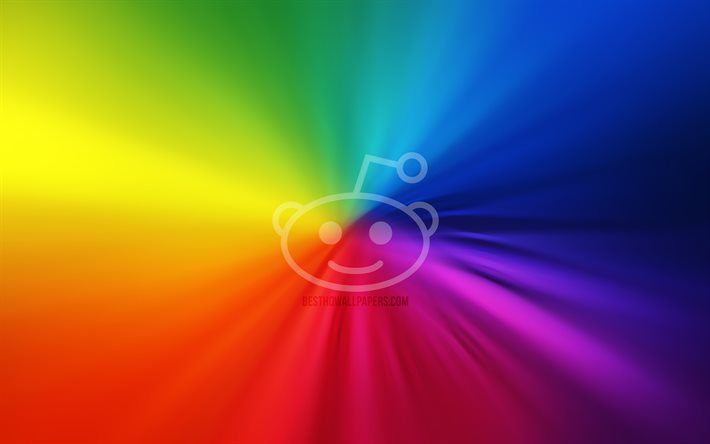 Logotipo do Reddit, 4k, vórtice, redes sociais, planos de fundo do arco-íris, arte, Reddit
