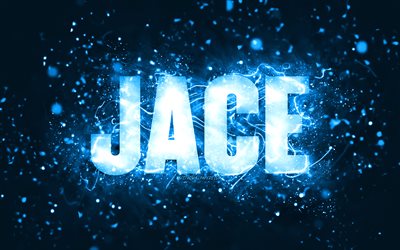 Grattis p&#229; f&#246;delsedagen Jace, 4k, bl&#229; neonljus, Jace-namn, kreativ, Jace Grattis p&#229; f&#246;delsedagen, Jace-f&#246;delsedag, popul&#228;ra amerikanska manliga namn, bild med Jace-namn, Jace