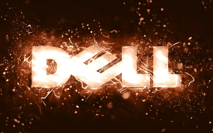 Dell brown logo, 4k, brown neon lights, creative, brown abstract background, Dell logo, brands, Dell