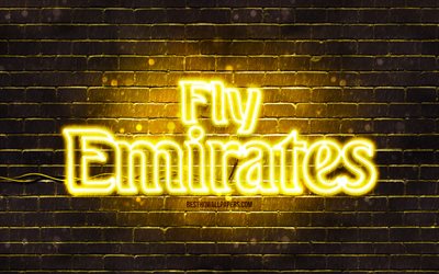 gelbes logo von emirates airlines, 4k, gelbe mauer, logo von emirates airlines, fluggesellschaft, neon-logo von emirates airlines, emirates airlines, fly emirates