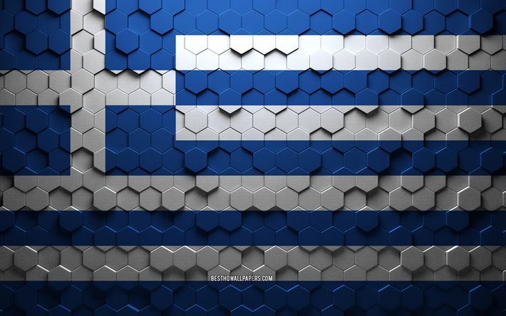 Bandiera della Grecia, arte a nido d&#39;ape, bandiera di esagoni della Grecia, Grecia, arte di esagoni 3d, bandiera della Grecia