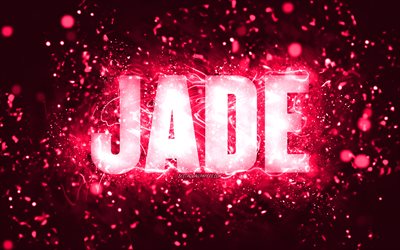 alles gute zum geburtstag jade, 4k, rosa neonlichter, jade name, kreativ, jade alles gute zum geburtstag, jade geburtstag, beliebte amerikanische weibliche namen, bild mit jade name, jade