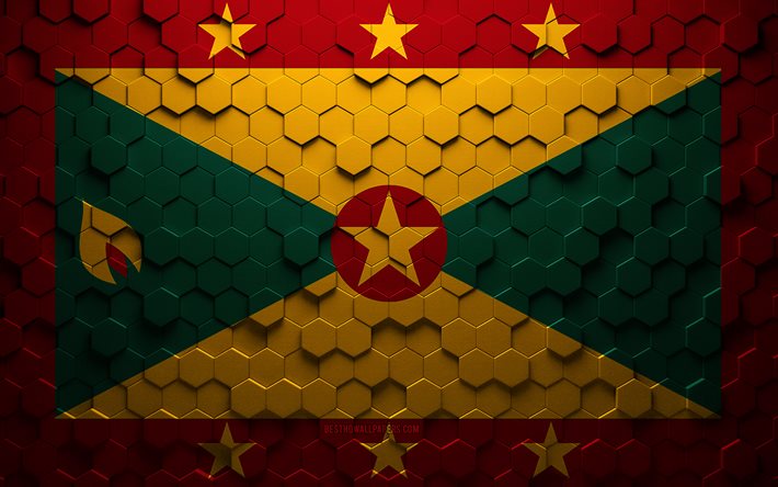 Drapeau de la Grenade, art en nid d&#39;abeille, drapeau des hexagones de la Grenade, Grenade, art des hexagones 3D, drapeau de la Grenade