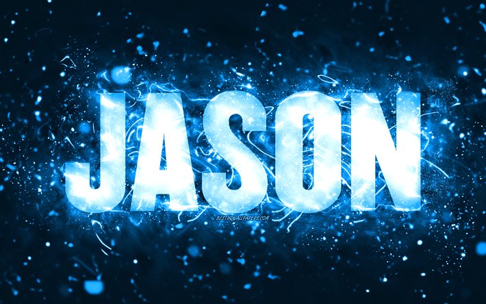 Grattis p&#229; f&#246;delsedagen Jason, 4k, bl&#229; neonljus, Jason namn, kreativ, Jason Grattis p&#229; f&#246;delsedagen, Jason f&#246;delsedag, popul&#228;ra amerikanska manliga namn, bild med Jason namn, Jason