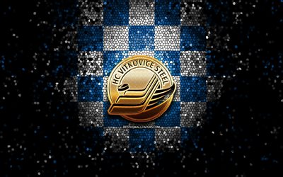 hc vitkovice steel, glitzer-logo, extraliga, blau-wei&#223; karierter hintergrund, hockey, tschechische eishockeymannschaft, hc vitkovice steel-logo, mosaikkunst, tschechische hockey-liga, vitkovice steel