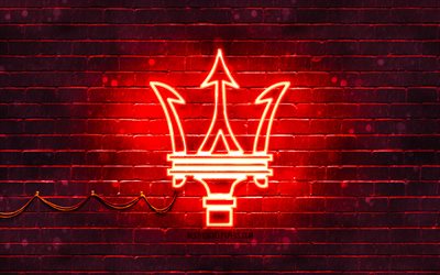 Maserati red logo, 4k, red brickwall, Maserati logo, cars brands, Maserati neon logo, Maserati