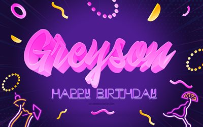 Happy Birthday Greyson, 4k, Purple Party Background, Greyson, creative art, Happy Greyson birthday, Greyson name, Greyson Birthday, Birthday Party Background