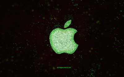 Apple glitter logotyp, svart bakgrund, Overwatch logotyp, gr&#246;n glitter konst, Apple, kreativ konst, Apple gr&#246;n glitter logotyp