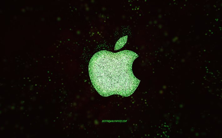Logo glitter Apple, sfondo nero, logo Overwatch, arte glitter verde, Apple, arte creativa, logo glitter verde mela
