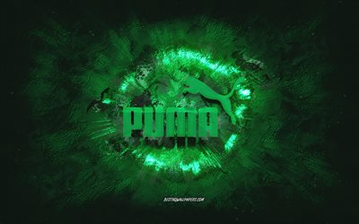 Puma logo, grunge art, green stone background, Puma green logo, Puma, creative art, green Puma grunge logo