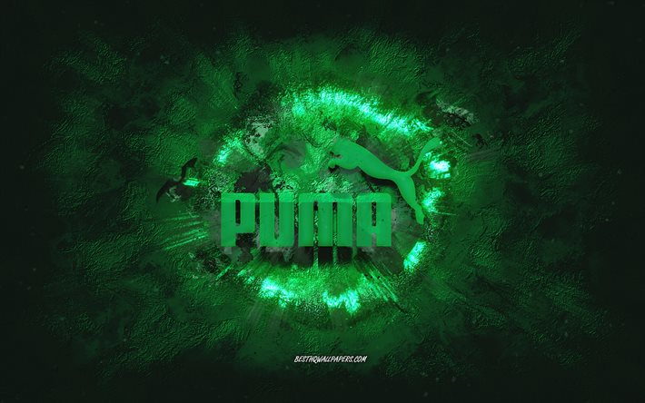 Logo Puma, arte grunge, sfondo pietra verde, logo verde Puma, Puma, arte creativa, logo grunge Puma verde