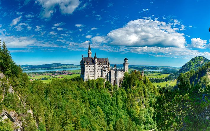 Neuschwanstein slott, bayerska fj&#228;ll&#228;ngar, evigt, berglandskap, Schwangau, h&#228;rlig slott, Bayern, Tyskland