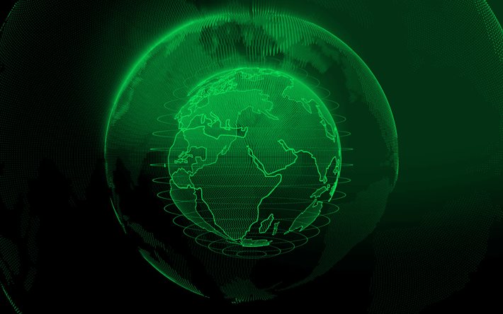 グリーンデジタルグローブ, 緑のデジタル背景, グローバルネットワーク, ドットグローブシルエット, デジタル回路, グリーンテクノロジーの背景