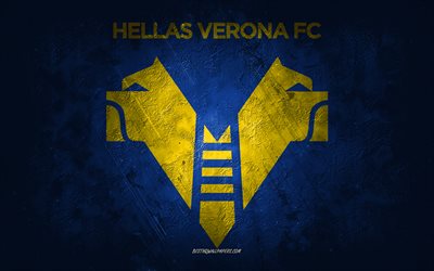 Hellas Verona FC, Italian football team, blue background, Hellas Verona FC logo, grunge art, Serie A, football, Italy, Hellas Verona FC emblem