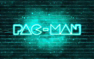 Pac-Man turquoise logo, 4k, turquoise brickwall, Pac-Man logo, Pac-Man neon logo, Pac-Man