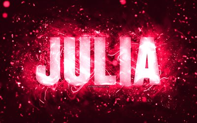 お誕生日おめでとうジュリア, 4k, ピンクのネオンライト, ジュリアの名前, creative クリエイティブ, ジュリアお誕生日おめでとう, ジュリアの誕生日, 人気のアメリカ人女性の名前, ジュリアの名前の写真, ジュリア