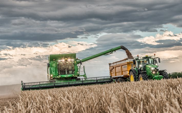 John Deere T670i, John Deere 6250R, 4k, combine harvester, 2021 combines, wheat harvest, 2021 tractors, harvesting concepts, agriculture concepts, John Deere
