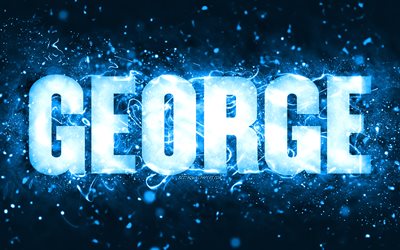 Grattis p&#229; f&#246;delsedagen George, 4k, bl&#229; neonljus, George namn, kreativ, George Grattis p&#229; f&#246;delsedagen, George F&#246;delsedag, popul&#228;ra amerikanska manliga namn, bild med George namn, George