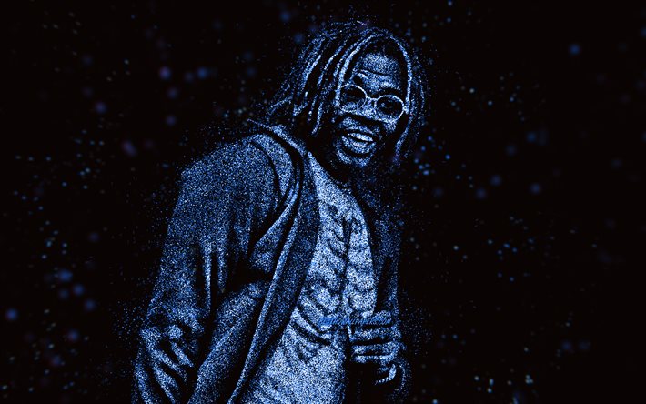 Gunna, rapper americano, arte de glitter azul, fundo preto, arte gunna, Sergio Giavanni Kitchens