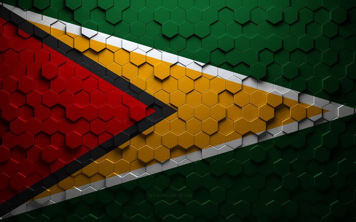 Flag of Guyana, honeycomb art, Guyana hexagons flag, Guyana, 3d hexagons art, Guyana flag