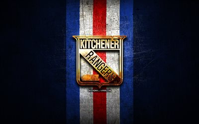 kitchener rangers, goldenes logo, ohl, blauer metallhintergrund, kanadische hockey-team, kitchener rangers logo, hockey, kanada