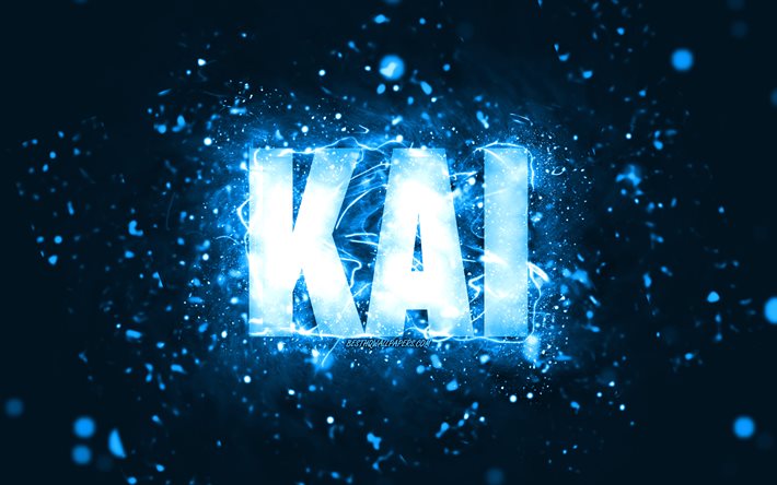 Joyeux anniversaire Kai, 4k, n&#233;ons bleus, nom Kai, cr&#233;atif, Kai Happy Birthday, Kai Birthday, noms masculins am&#233;ricains populaires, image avec le nom kai, Kai