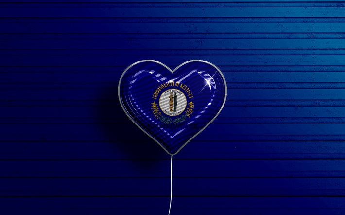 I Love Kentucky, 4k, realistic balloons, blue wooden background, United States of America, Kentucky flag heart, flag of Kentucky, balloon with flag, American states, Love Kentucky, USA