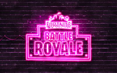 Fortnite Battle Royale logo violet, 4k, mur de briques violet, Fortnite Battle Royale logo, jeux en ligne, Fortnite Battle Royale logo n&#233;on, Fortnite Battle Royale
