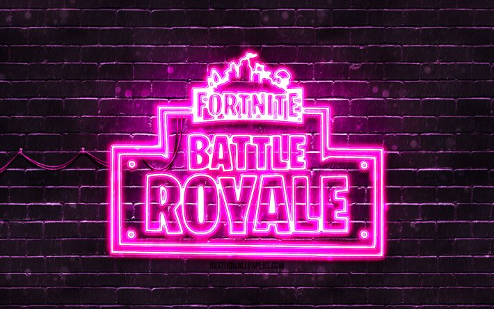 Fortnite Battle Royale mor logosu, 4k, mor tuğla duvar, Fortnite Battle Royale logosu, &#231;evrimi&#231;i oyunlar, Fortnite Battle Royale neon logosu, Fortnite Battle Royale