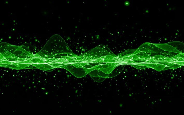 vague abstraite verte, fond noir, fond d’ondes, vague verte, fond vert cr&#233;ateur d’onde, vagues abstraites