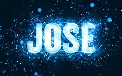 Happy Birthday Jose, 4k, blue neon lights, Jose name, creative, Jose Happy Birthday, Jose Birthday, popular american male names, picture with Jose name, Jose