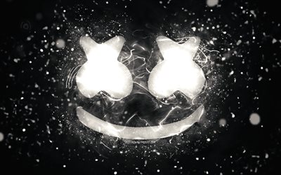 Marshmello logo blanc, 4k, Christopher Comstock, néons blancs, créatif, fond abstrait noir, DJ Marshmello, logo Marshmello, DJs américains, Marshmello