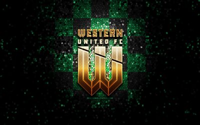 western united fc, glitzer-logo, a-league, gr&#252;n schwarz kariert hintergrund, fu&#223;ball, australischen fu&#223;ballverein, western united logo, australien, mosaik-kunst, western united