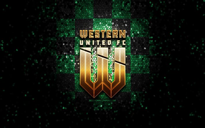 Western United FC, glitter logotyp, A-League, gr&#246;n svart rutig bakgrund, fotboll, australisk fotbollsklubb, Western United logotyp, Australien, mosaik konst, Western United