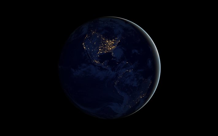 Nordamerika fr&#229;n rymden, 4k, Sydamerika, natt, galax, jord, stj&#228;rnor, sci-fi, universum, NASA, planeter, jord fr&#229;n rymden