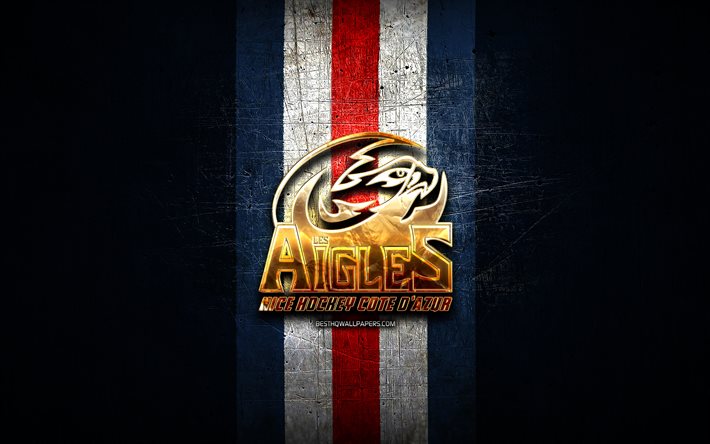 Les Aigles de Nice, golden logo, Ligue Magnus, blue metal background, french hockey team, french hockey league, Les Aigles de Nice logo, hockey