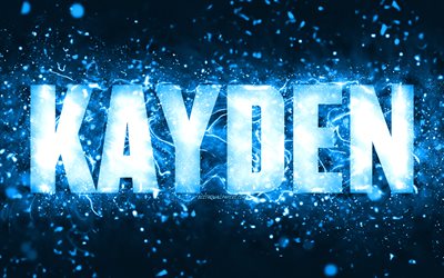 Buon compleanno Kayden, 4k, luci al neon blu, nome Kayden, creativo, Kayden Buon compleanno, Compleanno Kayden, nomi maschili americani popolari, immagine con nome Kayden, Kayden