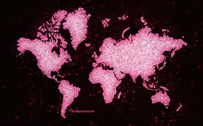 Mapa de glitter mundial, fundo preto, mapa do mundo, arte de glitter rosa, conceitos de mapa do mundo, arte criativa, mapa rosa do mundo, mapa dos continentes