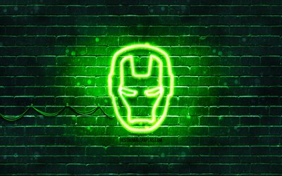 Logo vert Iron Man, 4k, mur de briques vert, logo IronMan, Iron Man, super-h&#233;ros, logo au n&#233;on IronMan, logo Iron Man, IronMan