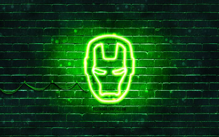 Iron Man yeşil logo, 4k, yeşil tuğla duvar, IronMan logosu, Iron Man, s&#252;per kahramanlar, IronMan neon logosu, Iron Man logosu, IronMan