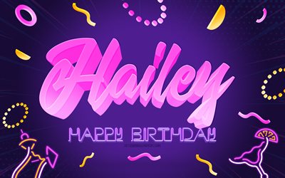 Buon compleanno Hailey, 4k, Purple Party Background, Hailey, arte creativa, buon compleanno Hailey, nome Hailey, compleanno Greyson, sfondo festa di compleanno