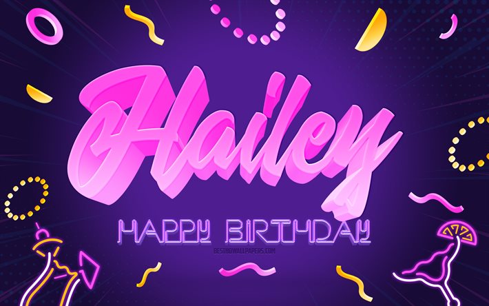 Feliz Anivers&#225;rio Hailey, 4k, Fundo de Festa Roxa, Hailey, arte criativa, feliz anivers&#225;rio hailey, nome Hailey, Anivers&#225;rio greyson, fundo de festa de anivers&#225;rio