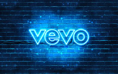 Vevo blue logo, 4k, blue brickwall, Vevo logo, brands, Vevo neon logo, Vevo