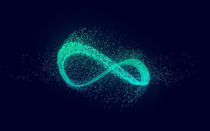 Infinity sign, dark background, turquoise infinity sign, glitter art, Infinity concepts