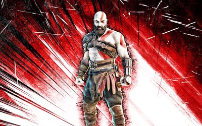 4k, Kratos, grunge art, Fortnite Battle Royale, Fortnite karakterleri, Kratos Skin, kırmızı soyut ışınlar, Fortnite, Kratos Fortnite