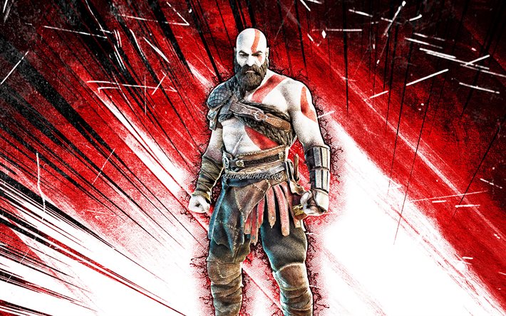 4k, Kratos, grunge art, Fortnite Battle Royale, Fortnite characters, Kratos Skin, red abstract rays, Fortnite, Kratos Fortnite
