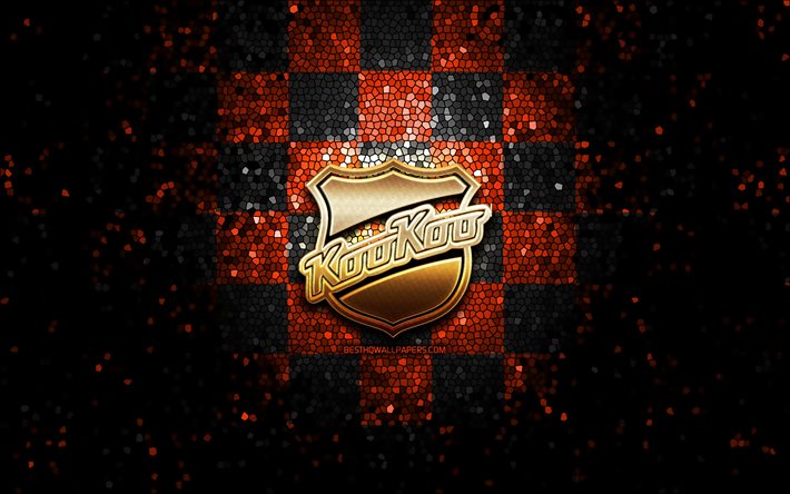 KooKoo, logo glitter, Liiga, sfondo a scacchi nero arancione, hockey, squadra di hockey finlandese, logo KooKoo, arte mosaico, campionato finlandese di hockey