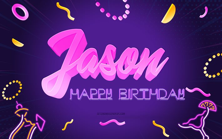 Grattis p&#229; f&#246;delsedagen Jason, 4k, Purple Party Background, Jason, kreativ konst, Grattis Jason f&#246;delsedag, Jason namn, Jason F&#246;delsedag, F&#246;delsedagsfest Bakgrund